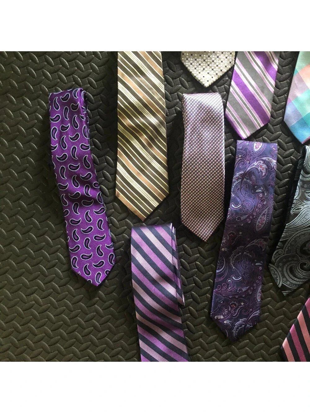 Set of 13 Men's Patterned Silk Ties in Purple, Pink, Blue, and Gold Tones